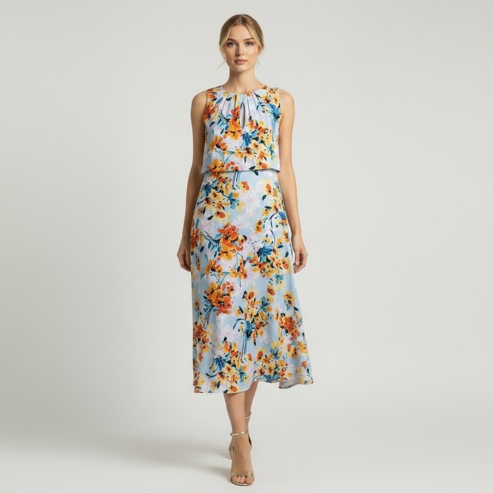 Floral Keyhole Midi Dress Pastel Summer Garden Empire Waist Fit Flare Pleated 12